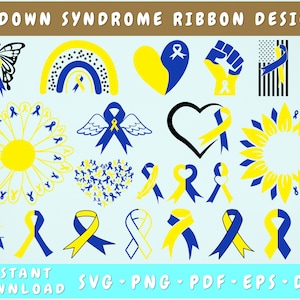 Down Syndrome Ribbon SVG Bundle, 22 Designs, Down Syndrome Clipart, Down Syndrome PNG, Blue and Yellow Ribbon SVG
