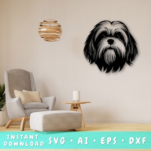 May include: A black and white silhouette of a Shih Tzu dog's head, with a fluffy, furry appearance. The dog's head is facing forward, with its eyes closed and its mouth slightly open. The silhouette is set against a white wall, with a wooden ceiling lamp and a gray armchair in the background.