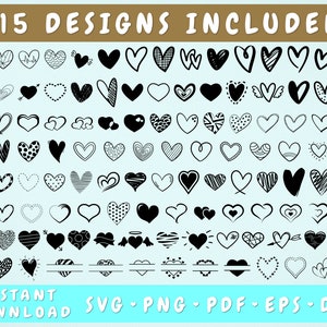 Bundle 115 coeurs SVG, Doodle coeur Svg, croquis coeur Svg, coeurs Png, Silhouette coeur, coeur coupé fichiers pour Cricut, coeur monogramme Svg