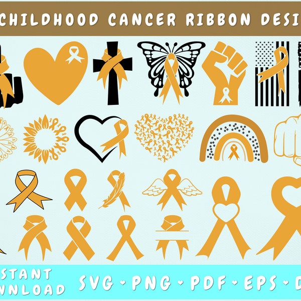 Childhood Cancer Ribbon SVG Bundle, 25 Designs, Childhood Cancer Clipart SVG, Cancer Butterfly Svg, Gold Ribbon SVG, Childhood Cancer Png