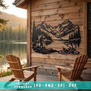 May include: Black metal wall art showing a fisherman fishing, with a fish leaping from the water. The scene includes mountains, trees, and a lake. The text "INSTANT DOWNLOAD SVG • PNG • EPS • DXF" is at the bottom.
