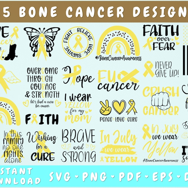 Bundle SVG de sensibilisation au cancer des os - 25 modèles, ruban jaune SVG, fichiers coupés contre le cancer des os, sensibilisation au sarcome SVG, cancer des os Png