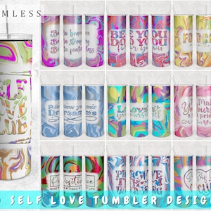Self Love Tumbler Wraps Bundle, 10 Designs, 20oz Skinny Tumbler PNG Files, Self Love Tumbler Sublimation Designs, Daily Affirmations Tumbler