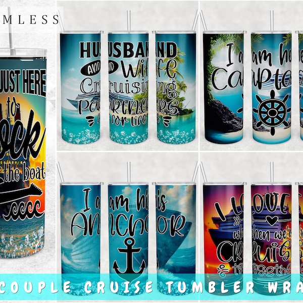 Couple Cruise Tumbler Wraps Bundle, 5 Designs, 20oz Skinny Tumbler PNG Files, Seamless Couple Cruise Tumbler Sublimation Designs