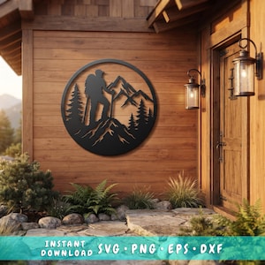 May include: A circular black metal wall art piece featuring a silhouette of a hiker with a backpack and walking stick standing on a mountain peak, surrounded by pine trees and jagged mountain ranges, with the text Instant Download SVG PNG EPS DXF.
