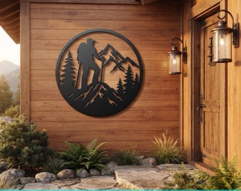 May include: A circular black metal wall art piece featuring a silhouette of a hiker with a backpack and walking stick standing on a mountain peak, surrounded by pine trees and jagged mountain ranges, with the text Instant Download SVG PNG EPS DXF.