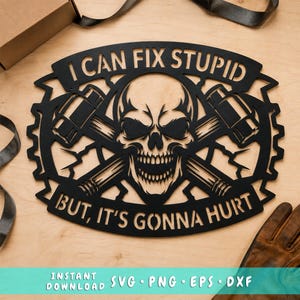 May include: A black laser-cut wall sign featuring a central skull graphic with two crossed hammers behind it. The text I CAN FIX STUPID is arched across the top, and the text BUT, IT'S GONNA HURT is arched across the bottom of the design.