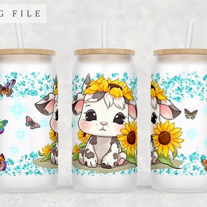 Cute Calf Libbey Glass Can Wrap, 16oz Glass Can PNG File, Little Calf Glass Can Sublimation Design, Calf With Sunflowers Glass Can PNG