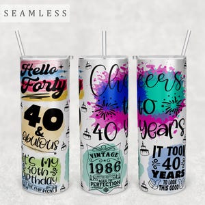 40th Birthday Tumbler Wrap, 20oz Skinny Tumbler PNG File, Seamless Tumbler Sublimation Design, 40th Anniversary Tumbler PNG, Vintage 1986