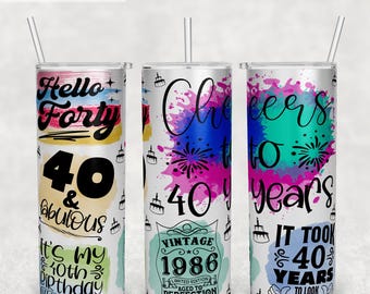 40th Birthday Tumbler Wrap, 20oz Skinny Tumbler PNG File, Seamless Tumbler Sublimation Design, 40th Anniversary Tumbler PNG, Vintage 1986