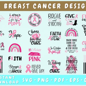 Paquete SVG de cáncer de mama: 25 diseños, archivos de corte SVG de concientización sobre el cáncer para Cricut, Silhouette, PNG de cáncer, plantilla SVG de arcoíris de cáncer