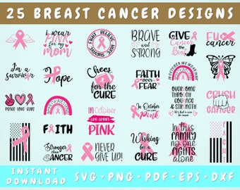Könnte beinhalten: Ein Set mit 25 Designs zum Thema Brustkrebsvorsorge mit rosa Schleifen, Slogans und Grafiken. Die Designs beinhalten Sätze wie "Ich trage Rosa für meine Mutter", "Glaube über Angst", "Gib niemals auf" und "Zertrümmere Krebs".