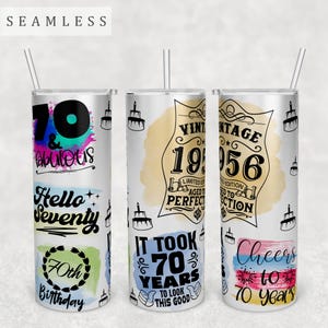 Tumbler wrap 70e verjaardag, 20oz magere beker png-bestand, naadloos sublimatieontwerp beker, beker vintage 1956 png, 70 en fantastisch png