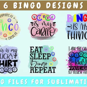 ビンゴ昇華デザインバンドル、6 つのビンゴ引用句 PNG ファイル、これは私のラッキービンゴシャツ PNG、ビンゴは私の物 PNG、ビンゴは私のカーディオ PNG
