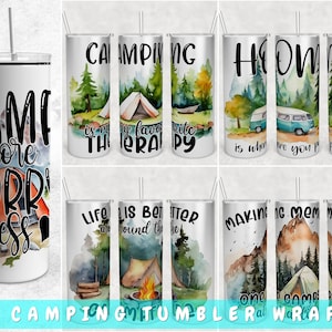 Camping Tumbler Wraps Bundle, 5 Designs, 20oz Skinny Tumbler PNG Files, Camper Tumbler Sublimation Designs, Camping Quotes Tumbler PNG