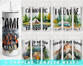 Camping Tumbler Wraps Bundle, 5 Designs, 20oz Skinny Tumbler PNG Files, Camper Tumbler Sublimation Designs, Camping Quotes Tumbler PNG