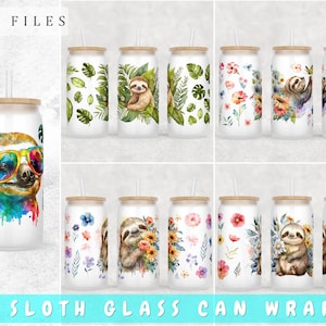 Sloth Libbey Glass Can Wraps Bundle, 5 Designs, 16oz Glass Can PNG, Sloth Glass Can Sublimation Design, Sloth With Flowers Glass Can PNG