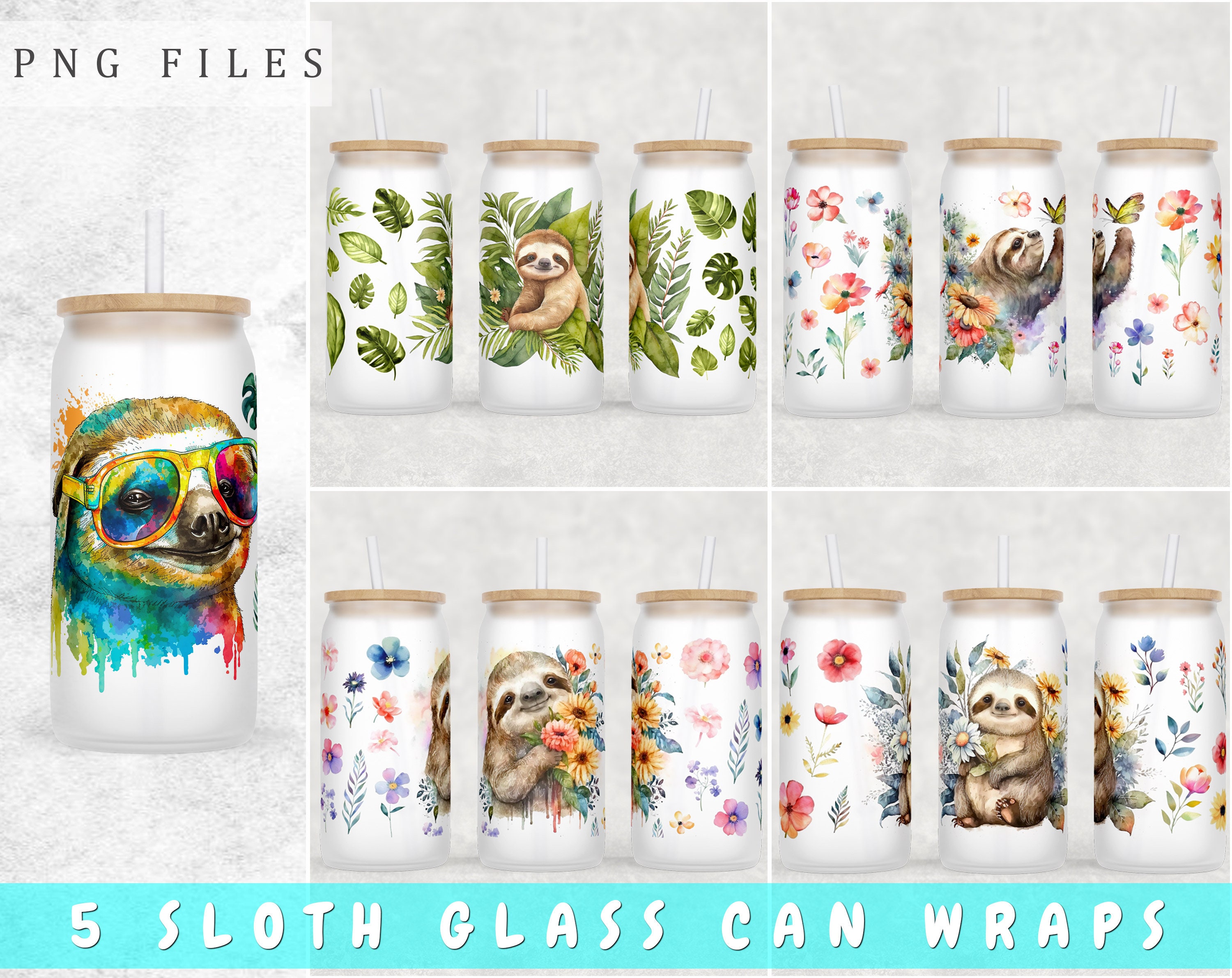 Sloth Libbey Glass Can Wraps Bundle, 5 Designs, 16oz Glass Can PNG, Sloth Glass Can Sublimation Design, Sloth With Flowers Glass Can PNG