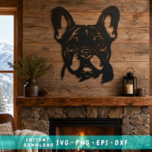Bulldog francese laser SVG / Cane Frenchie DXF / Decorazione murale in metallo Bulldog / File CNC faccia di cane / Taglio al plasma SVG / File di taglio per decorazioni per animali domestici