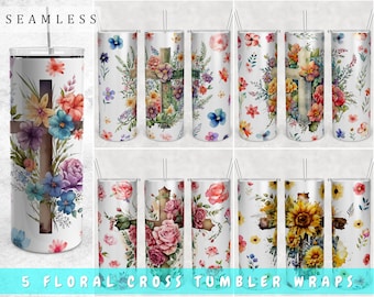 Christian Cross With Flowers Tumbler Wraps Bundle, 5 Designs, 20oz Skinny Tumbler PNG Files, Floral Cross Tumbler Sublimation Designs