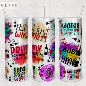 Wine Quotes Tumbler Wrap, Seamless Tumbler Sublimation Design, 20oz Skinny Tumbler PNG File, Wine Sayings Tumbler PNG, But First Wine