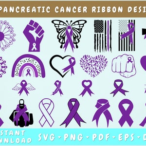 Pancreatic Cancer Ribbon SVG Bundle, 25 Designs, Pancreatic Cancer Clipart, Cancer Butterfly Svg, Purple Ribbon SVG, Pancreas Cancer Png