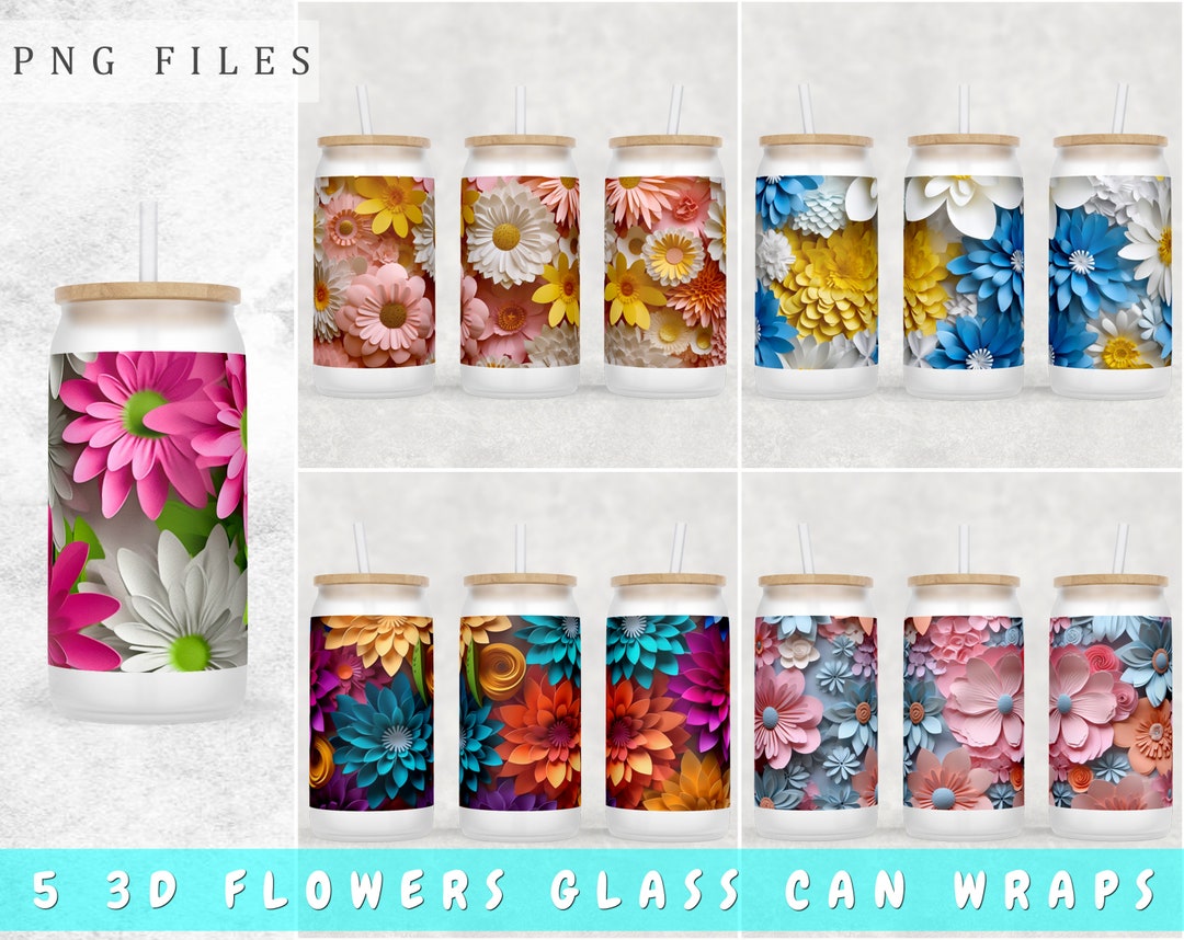 3D Flowers Libbey Glass Can Wraps Bundle, 5 Designs, 16oz Glass Can PNG ...