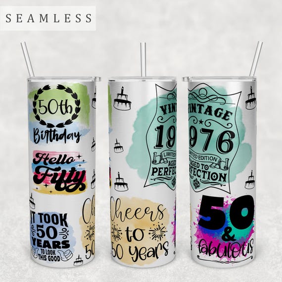 50th Birthday Tumbler Wrap, 20oz Skinny Tumbler PNG File, Seamless Tumbler Sublimation Design, Vintage 1976 Tumbler PNG, 50 and Fabulous PNG