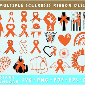 May include: 25 Multiple Sclerosis Ribbon Designs. A collection of orange ribbon designs in various shapes, including a heart, cross, butterfly, sunflower, and fist. The designs are perfect for creating awareness and supporting those affected by Multiple Sclerosis.