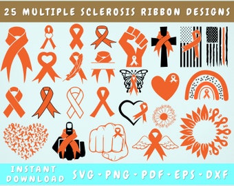 Multiple Sclerosis Ribbon SVG Bundle, 25 Designs, Multiple Sclerosis Clipart, Orange Ribbon SVG, Multiple Sclerosis Png for Sublimation