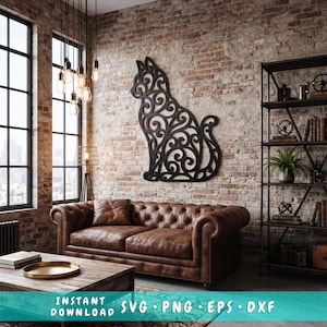 May include: A black laser-cut wall art piece shaped like a sitting cat with an intricate filigree scrollwork pattern. The design features swirling lines and organic shapes, creating a decorative silhouette mounted on a brick wall surface.