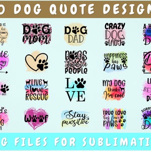 Op de afbeelding: 20 aquarelontwerpen met honden-citaten. De ontwerpen bevatten zinnen als "Hondenmama", "Hondenpapa", "Gekke hondenlady", "Geluk heeft poten", "Het leven is beter met een hond" en "Ware liefde heeft vier poten".