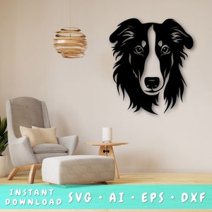 May include: Black and white metal wall art of a Border Collie dog's face. The dog's face is centered, with detailed fur and facial features. The image includes the text "INSTANT DOWNLOAD SVG • AI • EPS • DXF".