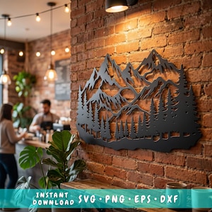 May include: Black metal mountain and forest wall art. The artwork features a detailed silhouette of mountain peaks and evergreen trees. The text "INSTANT DOWNLOAD SVG • PNG • EPS • DXF" is at the bottom of the image.