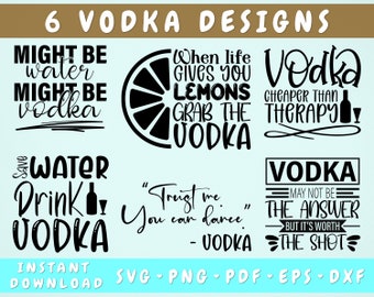 May include: Six black and white digital designs featuring humorous sayings about vodka. The designs include phrases like "Might be water, might be vodka", "When life gives you lemons, grab the vodka", "Vodka, cheaper than therapy", "Save water, drink vodka", "Trust me, you can dance - Vodka", and "Vodka may not be the answer, but it's worth the shot".