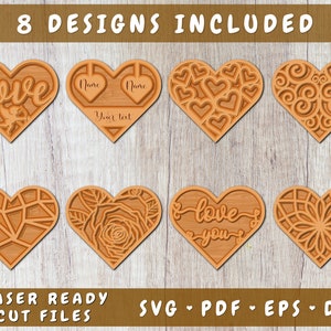 Pakiet 3D Hearts SVG, 8 projektów, pliki Heart Laser SVG Cut, Heart DXF, Layered Heart SVG, Multilayer Heart SVG dla Cricut, Glowforge