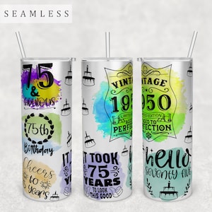 75th Birthday Tumbler Wrap, 20oz Skinny Tumbler PNG File, Seamless Tumbler Sublimation Design, Vintage 1950 Tumbler PNG, Hello Seventy-Five