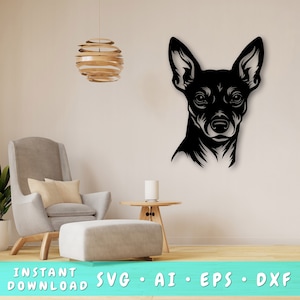 Zwergpinscher Laser SVG Schnittdatei, Zwergpinscher Wand Kunst SVG, DXF, Eps, Zwergpinscher Kopf Vektor Schnittdatei