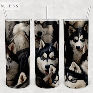Multiple Huskies Tumbler Wrap, 20oz Skinny Tumbler PNG File, Seamless Dog Lover Tumbler Sublimation Design, Husky Tumbler Wrap