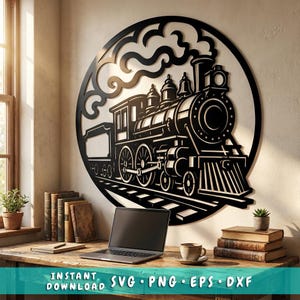 May include: Black metal wall art depicting a vintage steam train inside a circular frame with decorative smoke. The train is on tracks, with intricate details. The image includes the text "INSTANT DOWNLOAD SVG • PNG • EPS • DXF".