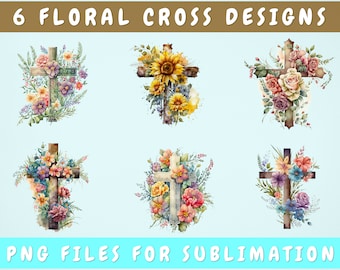 Floral Cross Sublimation Designs Bundle, 6 Christian Cross With Flowers PNG Files, Watercolor Cross PNG, Easter PNG, Cross Clipart Bundle