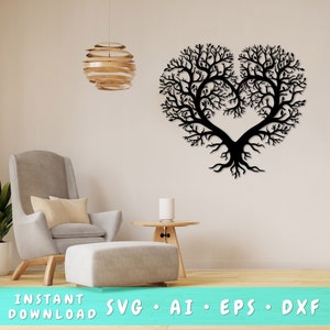 ハート型の木のレーザー SVG カット ファイル、生命の木の壁アート SVG、DXF、Eps、木のベクター カット ファイル、木のレーザー対応 SVG