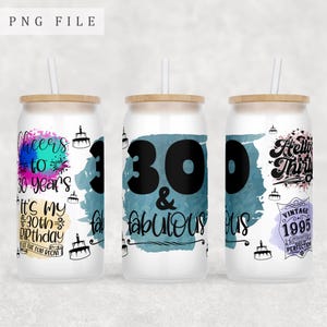 30th Birthday Libbey Glass Can Wrap, 16oz Glass Can PNG File, 30 And Fabulous Glass Can Sublimation Design, Hello Thirty Glass Can Wrap