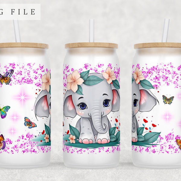 Baby Elephant Libbey Glass Can Wrap, 16oz Glass Can PNG File, Little Elephant Glass Can Sublimation Design, Cute Elephant Glass Can PNG