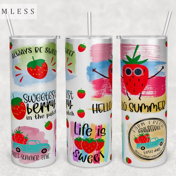 Emballage de gobelet aux fraises, gobelet maigre 20 oz fichier PNG, design en Sublimation gobelet sans couture, gobelet énonciations de fraises PNG