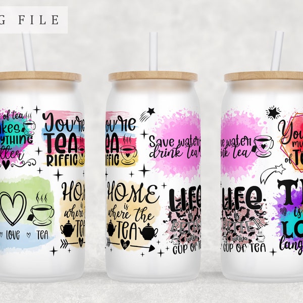 Tea Lover Libbey Glass Can Wrap, 16oz Glass Can PNG File, Tea Quotes Glass Can Sublimation Design, Peace Love Tea Glass Can Wrap