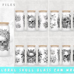 Floral Skull Libbey Glass Can Wraps Bundle, 5 Designs, 16oz Glass Can PNG, Skull And Flowers Glass Can Sublimation Design, Skull Can PNG