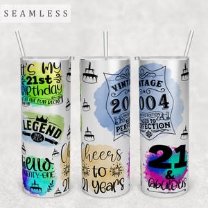 21st Birthday Tumbler Wrap, 20oz Skinny Tumbler PNG File, Seamless Tumbler Sublimation Design, Vintage 2004 Tumbler PNG, 21 and Fabulous PNG