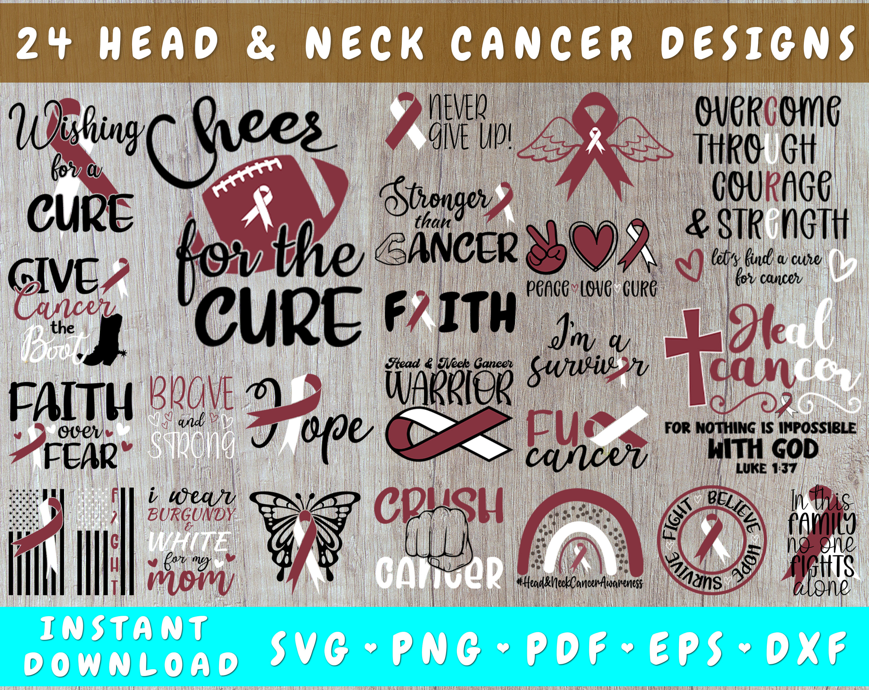 Head And Neck Cancer Awareness SVG Bundle - 24 Designs, Head And Neck Cancer Cut Files, Head And Neck Cancer Ribbon SVG, Crush Cancer SVG