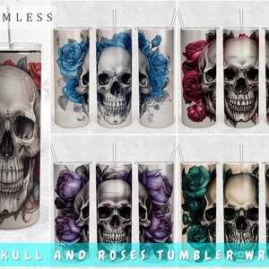 Skull And Roses Tumbler Wraps Bundle, 5 Designs, 20oz Skinny Tumbler PNG Files, Skull Tumbler Sublimation Designs, Skull and Flowers PNG